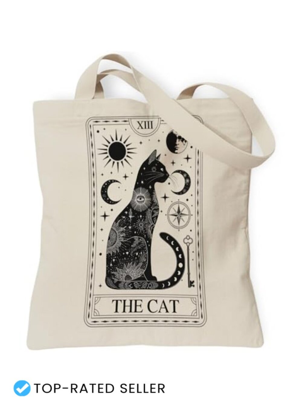 Canvas Tote Bag with Zipper Pocket, Mystical Black Cat Tarot Design